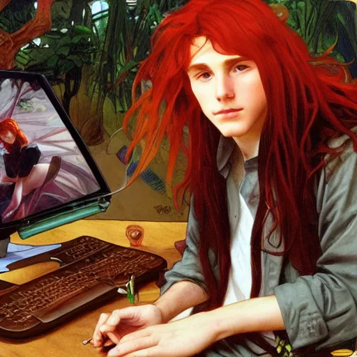 Prompt: a red-haired long-haired teenage boy sitting at a computer, jungle around him, painting by artgerm and alphonse mucha, smooth sharp focus, third person POV