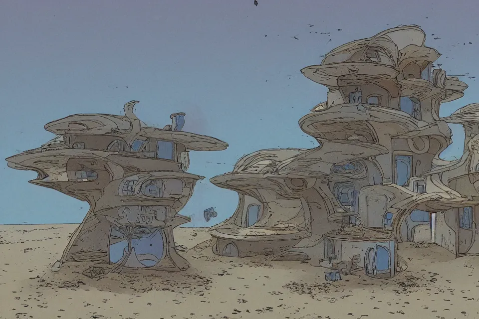 Image similar to sci-fi fi scene of a seashell house where the deserted kids live, in the style of john harris and roger deakins by moebius