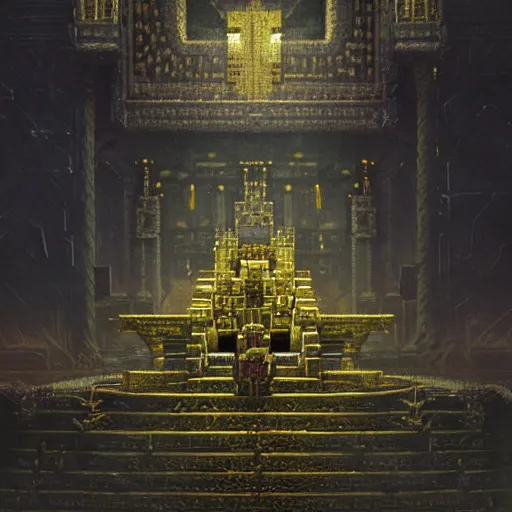 Prompt: painting of creeper from minecraft sitting atop golden throne in dark throne room, low lighting, cinematic, by greg rutkowski, very detailed, high quality, award winning