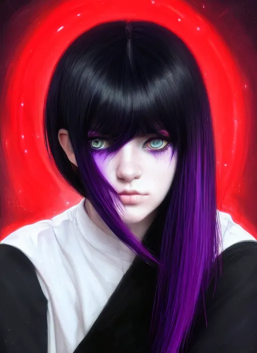 Image similar to hair blackbangs hair, white hair, blackbangs, portrait of teenage girl with white hair, red irises, purple clothes, black bangs, bangs are different color from hair, intricate, elegant, glowing lights, highly detailed, digital painting, artstation, concept art, smooth, sharp focus, illustration, art by wlop, mars ravelo and greg rutkowski