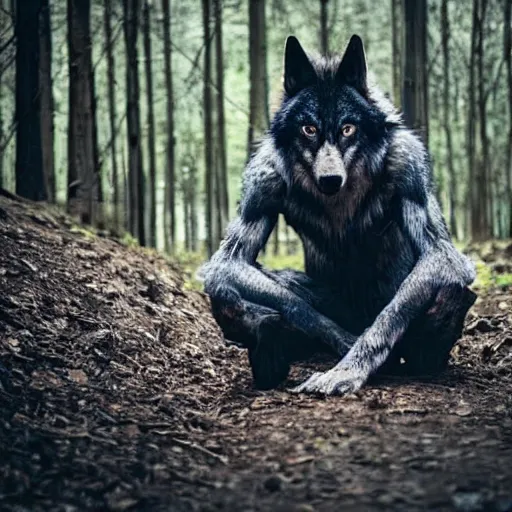 Prompt: werecreature consisting of a human and wolf, photograph captured in a forest