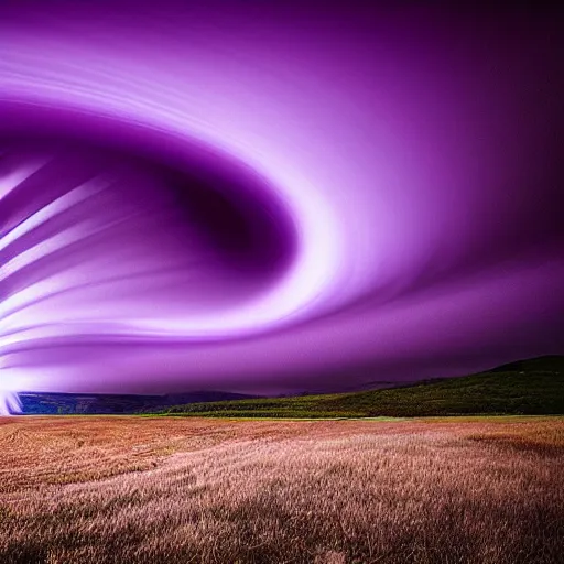 Prompt: amazing landscape photo of a purple tornado in the shape of a cone by marc adamus, digital art, beautiful dramatic lighting