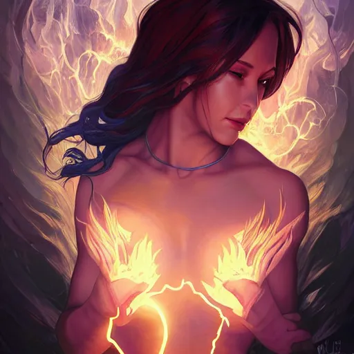 Image similar to character concept, portrait, symmetrical head - on centralized, bright fire pheonix in dark cave. detailed, high quality, dynamic lightning, fantasy, scenematic. artwork by artgerm, wlop, alex ross, greg rutknowski, alphonse mucha