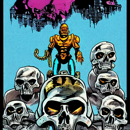 Image similar to Doom guy standing on top of a heap of demon skulls dripping with death, synthwave, vintage comic