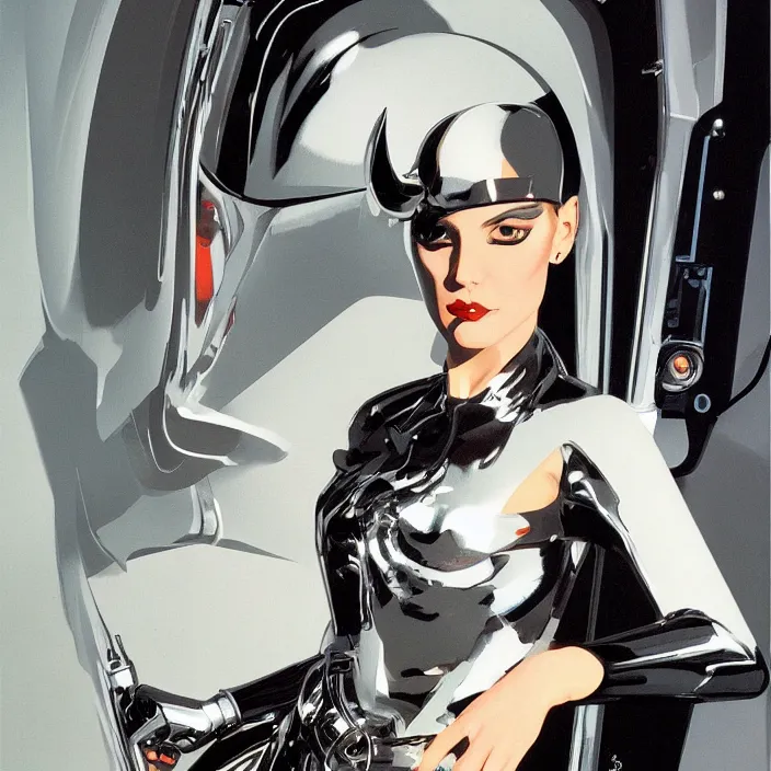 Prompt: metallic portrait of a gothic maiden, sharp focus, futuristic, ballistic, aerodynamic, feminine, cute, by syd mead