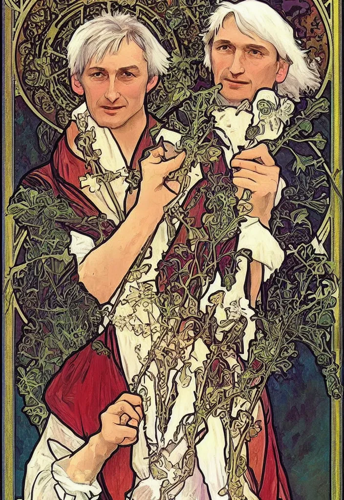 Image similar to realistic white - haired geoffrey hinton on a tarot card, tarot in art style by alphonse mucha