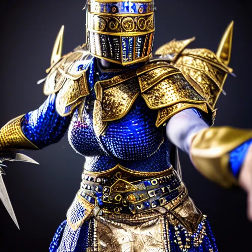 Image similar to photo of a real-life beautiful warrior with sapphire encrusted armour, highly detailed, 4k