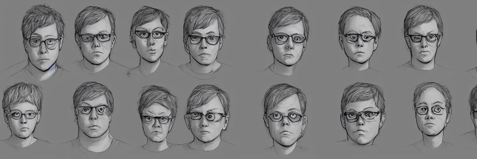 Prompt: male character study of todd solondz and tori spelling, clear faces, screenwriter, introvert, outsider, geek, disturbed, emotional, character sheet, fine details, concept design, contrast, kim jung gi, pixar and da vinci, trending on artstation, 8 k, full body and head, turnaround, front view, back view, ultra wide angle