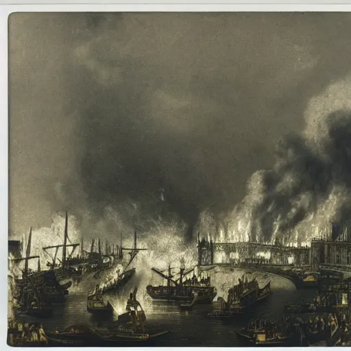 Prompt: a Polaroid photo of the great London fire of 1666, medieval London