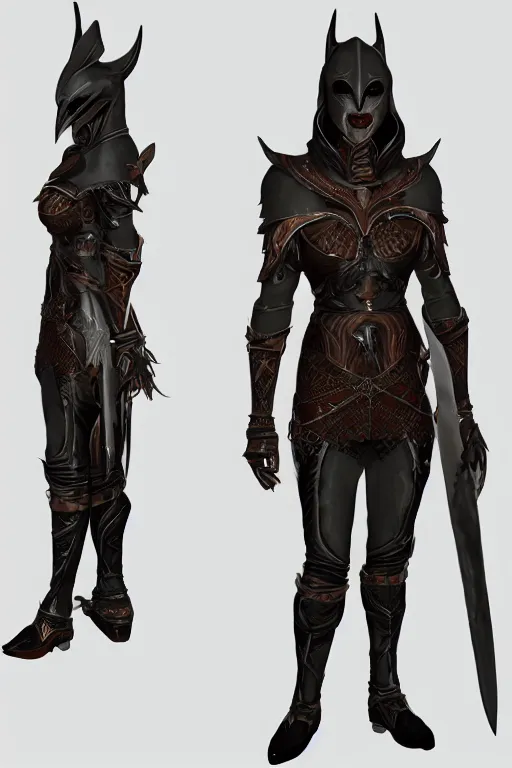 Image similar to female adventurer in tight full - body ebony leather armor of dunmer design with white porcelain crow mask, trending in artstation, establishing shot