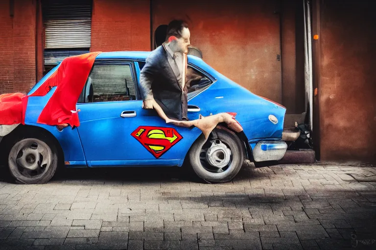 Image similar to superman pushing a broken car, chromatic, amber, direct sunlight, dslr, banksy, pastel, dof