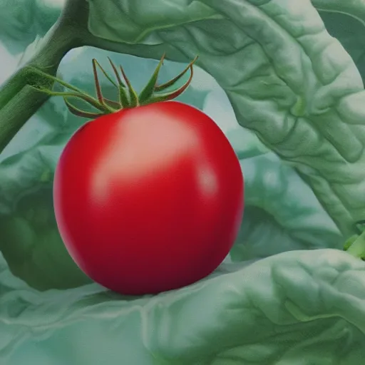 Image similar to a beautiful matte painting of a very beautiful tomato, by steve argyle and mark arian