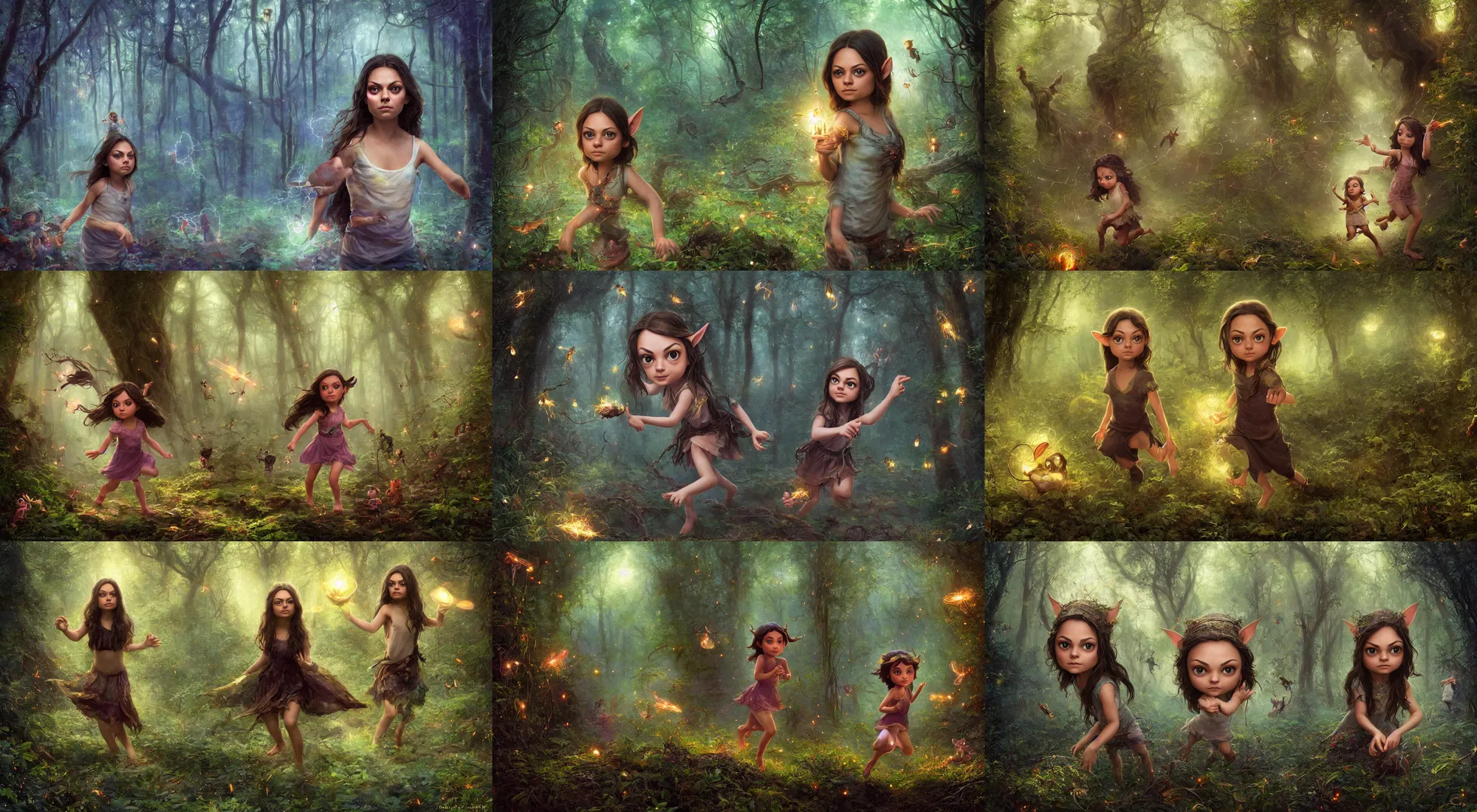 Image similar to portrait of wondrous little mila kunis running through mystical mythical elven forest wide - eyed, fireflies, electricity, wlop, steve argyle, ilya kuvshinov, ralph horsley, rossdraw, mark ryden, daniel f. gerhartz, sophie anderson, lilia alvarado, tom chambers