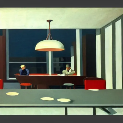 Image similar to a modern dining room design in the style of the nighthawks by edward hopper using 3 d max trending on artstation