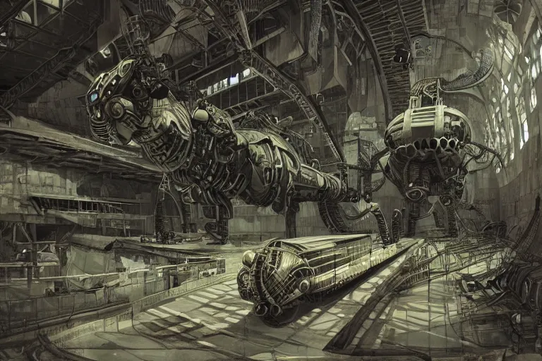 Image similar to dieselpunk huge robotic dragonfly, inside an gigantic underground concrete doom hangar, interior structure, drains, storm drains, jungle, vines, algea, cables, panels, walls, ceiling, floor, doors, brutalist architecture, intricate ink drawing, highly detailed in the style of Ashley Wood, moebius and Tsutomu Nihei, photorealistic, cinematic, intricate detail, well lit,