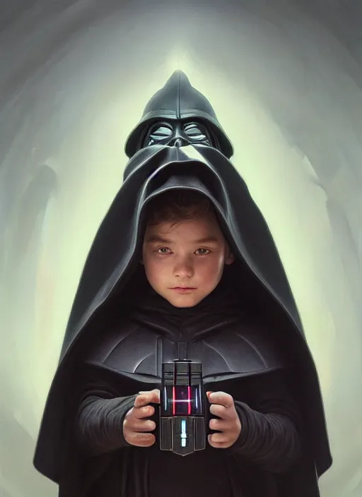 Image similar to perfectly - centered - portrait of a kid wearing black cloak holding light saber, intricate, highly detailed, digital painting, artstation, concept art, smooth, sharp focus, illustration, unreal engine 5, 8 k, art by artgerm and greg rutkowski and alphonse mucha and sam spratt