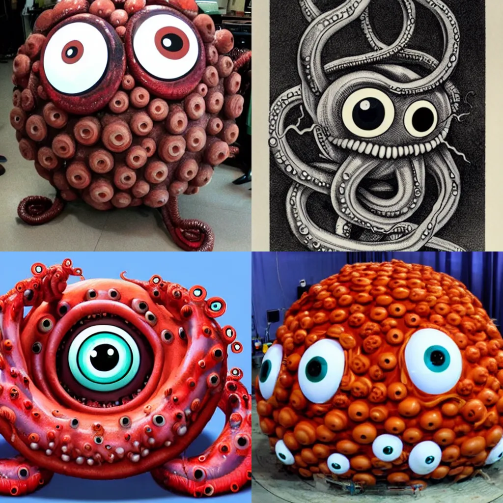 Prompt: a giant fleshy ball of writhing tentacles with googly eyes, horror