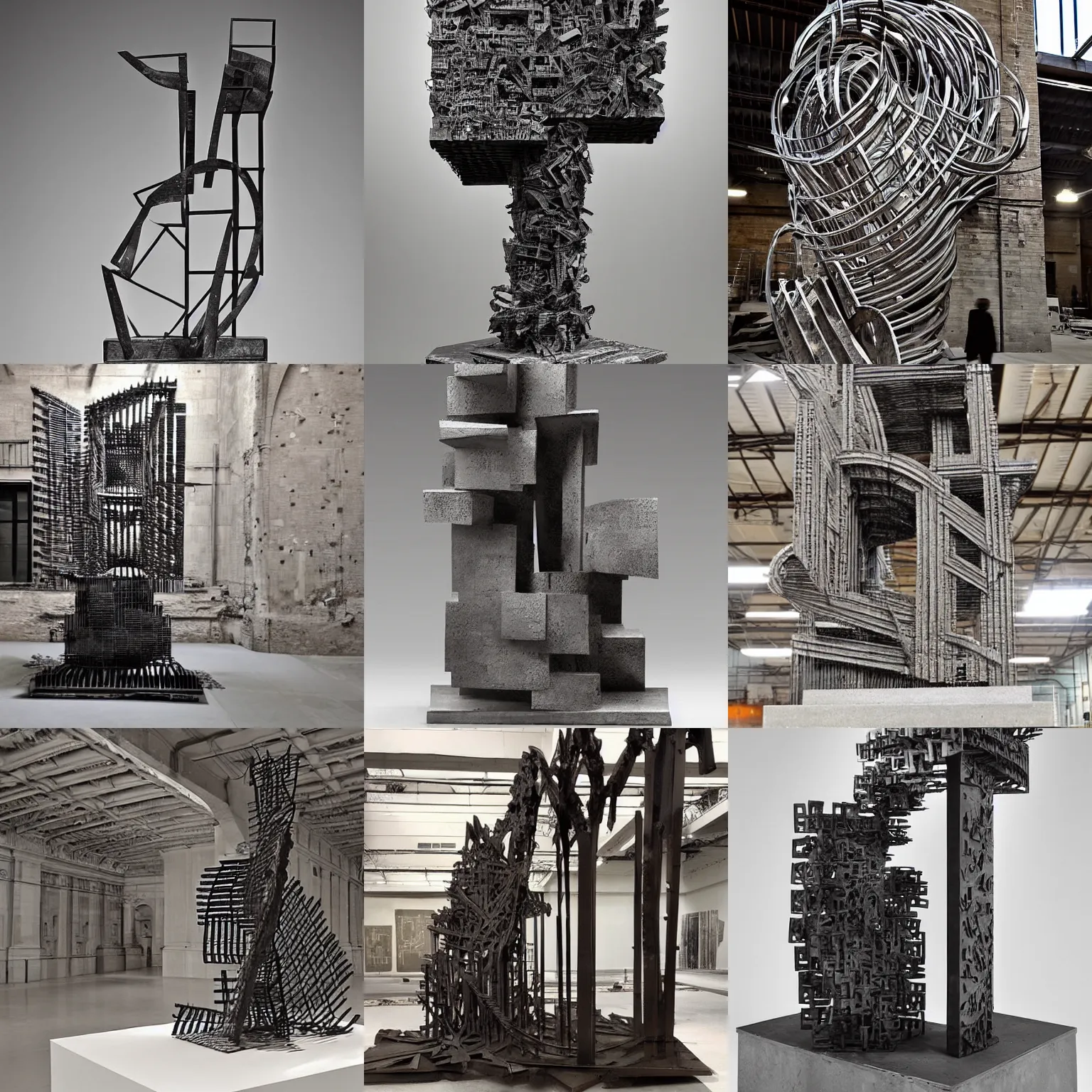 Prompt: Award-winning sculpture by Giovanni Battista Piranesi ((((and Eduardo Chillida)))). Made of steel, hyper-detailed. Studio lightning