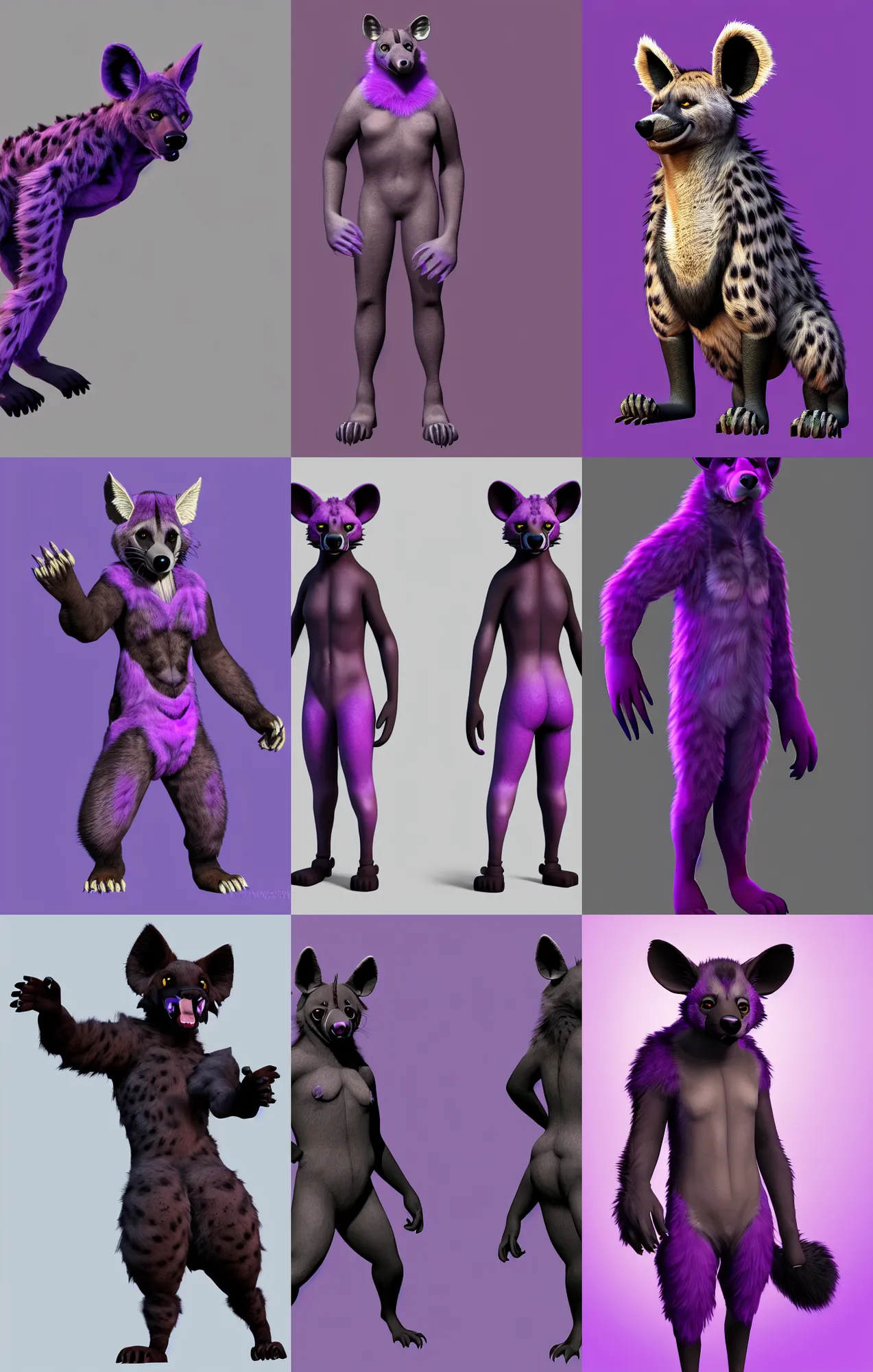 Image similar to a full - body centered front - perspective furry male fursona portrait, a male hyena fursona, purple and black fur color scheme, trending on weasyl, painted in zbrush, high - resolution, godrays, photorealistic