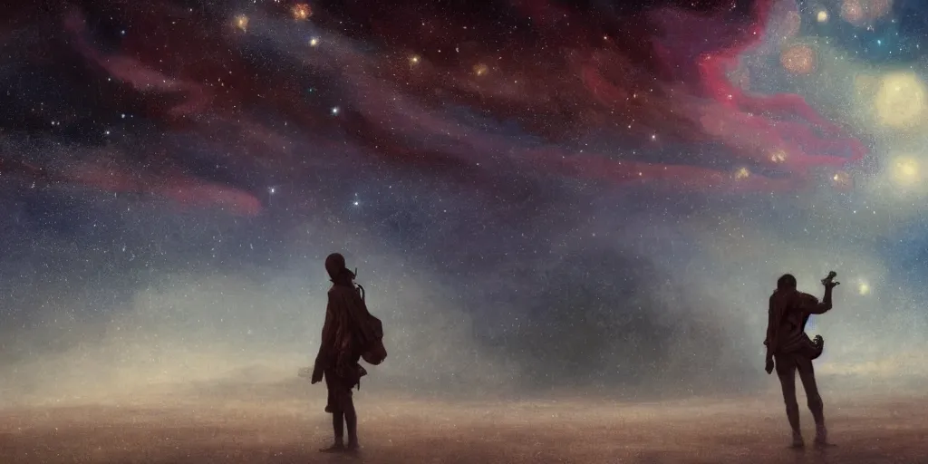 Image similar to a masterpiece painting of a silhouette of a lone hitchhiker wandering through a desert made of cosmic nebulas, by Tom Bagshaw and Alphonse Mucha and James Jean and John Williams Waterhouse, 8k, volumetric lighting, French nouveau, extremely moody lighting, cinematic, atmospheric, sharp focus, depth of field, intricate, elegant, highly detailed, digital painting, very coherent artwork