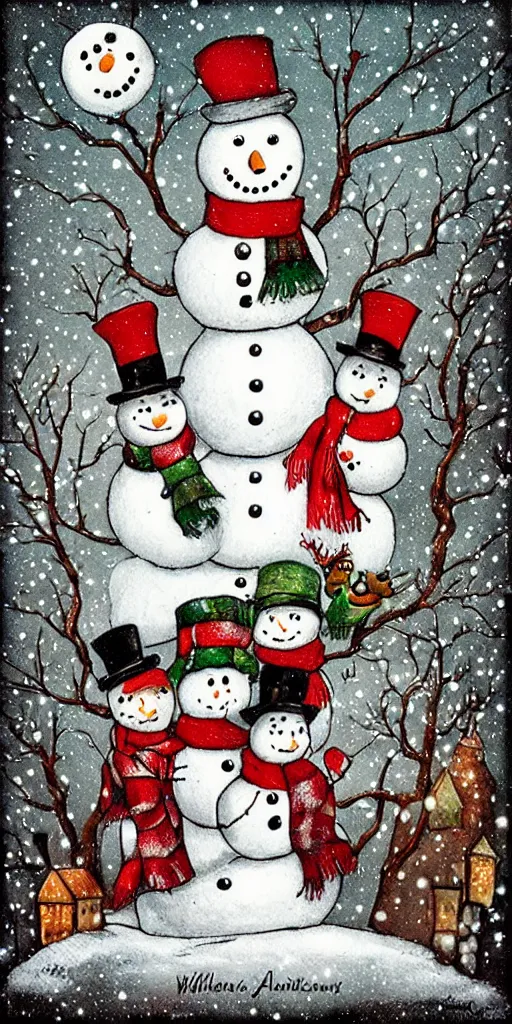 Image similar to a snowman family christmas scene by alexander jansson