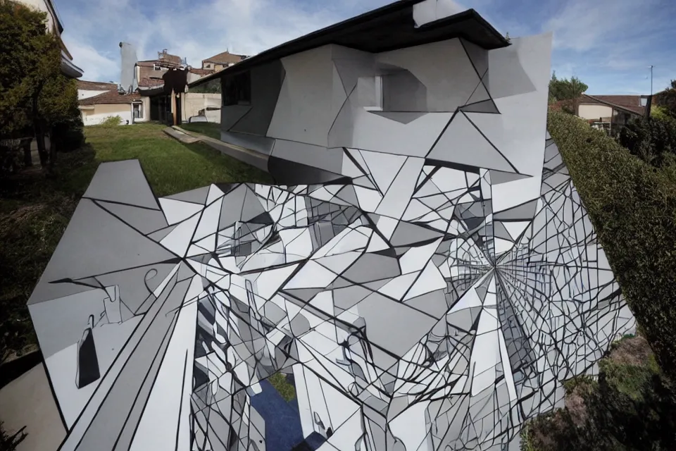 Image similar to geometric anamorphic graffiti of a modern house, by birdo, alex maksiov and john pugh