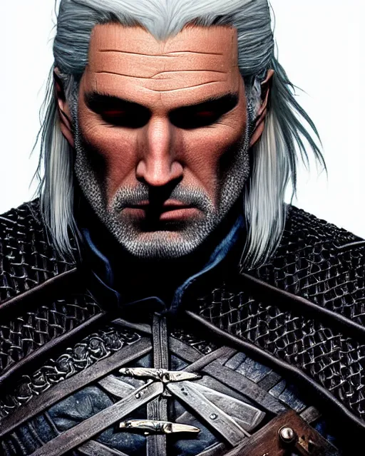 Image similar to portrait of geralt of rivia, 5 5 mm lens, professional photograph, times magazine, serious, stern look