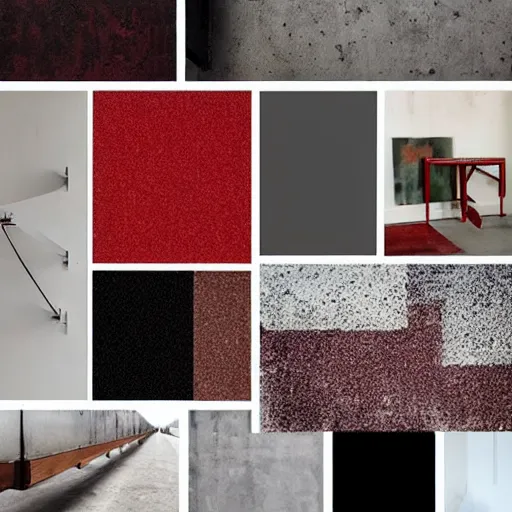 Image similar to material mood board combining concrete, red painted metal, aged oak, plants, dark grey carpet, collage, architectural finishes, pinterest, trendy, expressive, warm, eye catching, interior design, industrial design, samples, paint, carpet, wood, plants