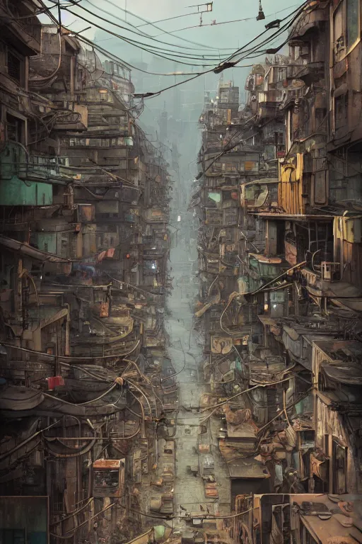 Image similar to a industrial STEAMPUNK CITY Street scenery in the FAVELAS, signs, billboards and cable Connecting MULTI LVL BUILDINGS, rendered by simon stålenhag, rendered by Beeple, Makoto Shinkai, syd meade, environment concept, digital art, starwars, raphael lacoste, eddie mendoza, alex ross, concept art, cinematic lighting, , unreal engine, 3 point perspective, WLOP, trending on artstation, low level, 4K UHD image, octane render,