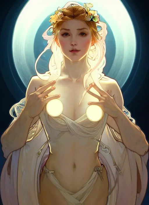 Image similar to digital character concept art by artgerm and greg rutkowski and alphonse mucha. clear portrait of a modern young wife blessed by god to uncontrollably grow more perfect and fertile!! blonde, in clothes! feminine well - formed holy body!! light effect. hyper detailed, glowing lights!! intricate, elegant, digital painting, artstation, smooth, sharp focus