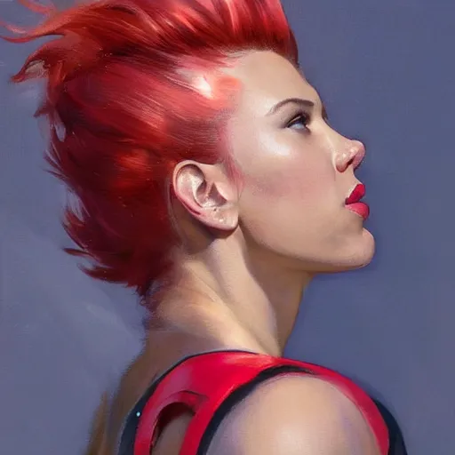 Image similar to greg manchess portrait of scarlett johansson as thick muscular weightlifter zarya from overwatch with ponytail and red hair, medium shot, asymmetrical, profile picture, organic painting, sunny day, matte painting, bold shapes, hard edges, street art, trending on artstation, by huang guangjian and gil elvgren and sachin teng