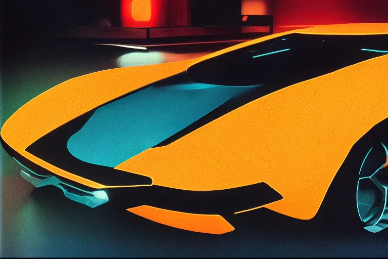 Image similar to designed by Giorgetto Giugiaro stylized poster of the Batmobile, thick neon lights, ektachrome photograph, volumetric lighting, f8 aperture, cinematic Eastman 5384 film