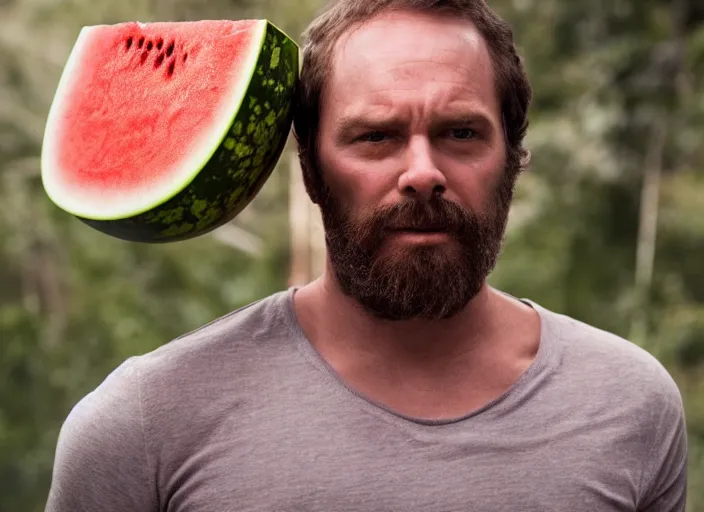 Image similar to film still of a man with a watermelon on his a head in the new horror movie, 4 k