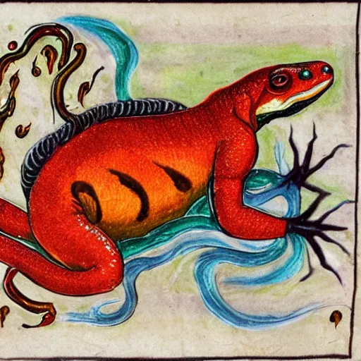 Image similar to salamander on fire in the style of a grotesque of an illuminated manuscript