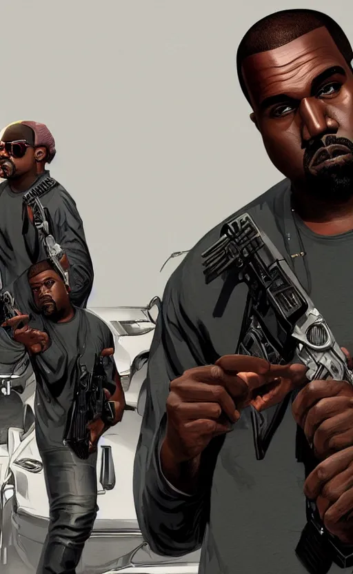 Prompt: kanye west in grand theft auto 5, cover art by stephen bliss, artstation