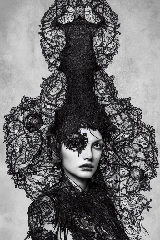 Prompt: a female model by stefan geselle and nekro borja, photorealistic, intricate details, hyper realistic, big lace colar, photorealistic, canon r 3, photography, wide shot, photography, dark beauty, symmetrical features