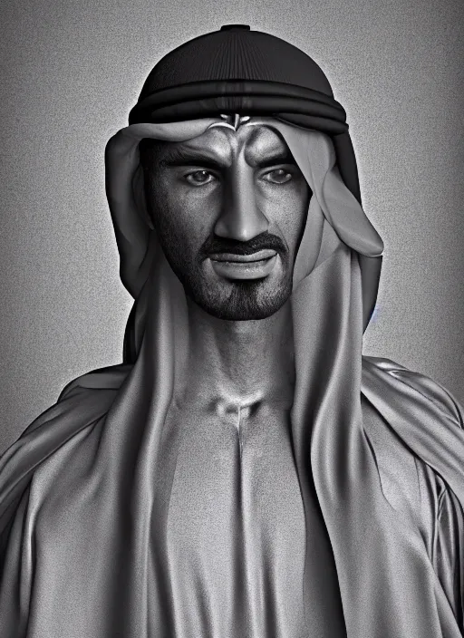 Prompt: portrait of sheikh ruler of dubai, djinn, head and torso only, cinematic lighting, studio quality, godly, cell shaded, 4 k, active, scenic, anger and fury