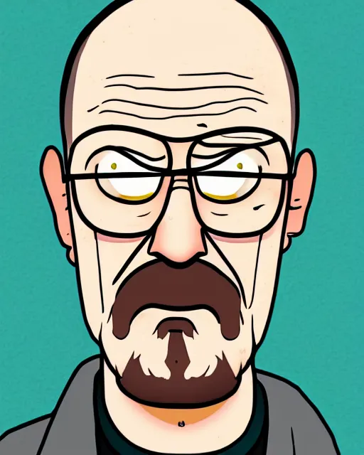 Image similar to portrait of walter white in the style of justin roiland. heisenberg from breaking bad. cinematic lighting. style of rick & morty. photographic, photography. by justin roiland