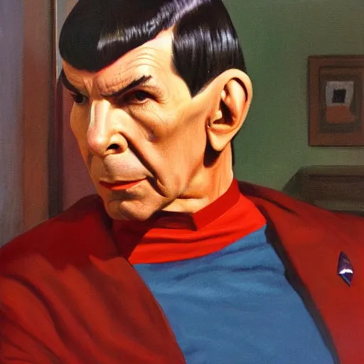 Image similar to spock ( leonard nimoy ), the vulcan officer from star trek on the bridge of the enterprise. oil painting in the style of edward hopper and ilya repin. detailed and realistic.