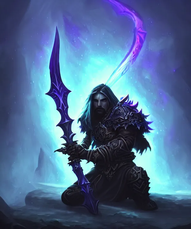 Prompt: dark world of warcraft blizzard art, portrait of fallen man angel kneeling with a sword, bokeh. dark art masterpiece artstation. 8k, sharp high quality illustration in style of Jose Daniel Cabrera Pena and Leonid Kozienko, violet colored theme, concept art by Tooth Wu
