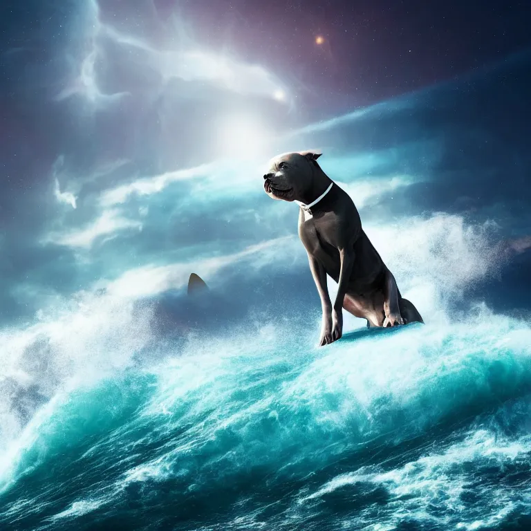 Prompt: photo of a dark gray coat pit bull with a white paws, surfing on a surfboard in a crashing wave of alien ocean in space, background is an alien galaxy, aliens in the background, alien colors, octane render, unreal engine, wide view, 8 k, high detaild