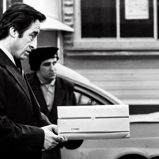 Image similar to Al Pacino, in his role as Michael Corleone, returns a parcel to the Post Office,