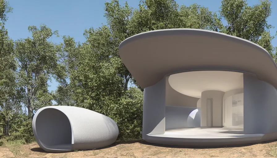 Image similar to A wide image of a full innovative contemporary 3D printed prefab cabin with rounded corners, beveled edges, made of cement, organic architecture, Designed by Gucci, Balenciaga, and Wes Anderson