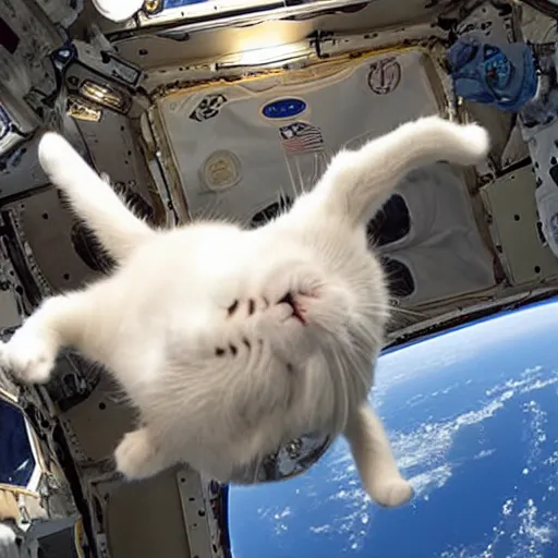 Image similar to Photo of a cat floating inside the ISS, realistic award-winning