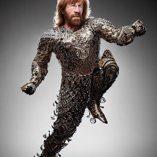 Image similar to 8 5 mm f 1. 8 photograph of chuck norris wearing an ornate costume by iris van herpen, highly detailed, digital painting, artstation, smooth, sharp foccus, commercial photography, fashion shoot