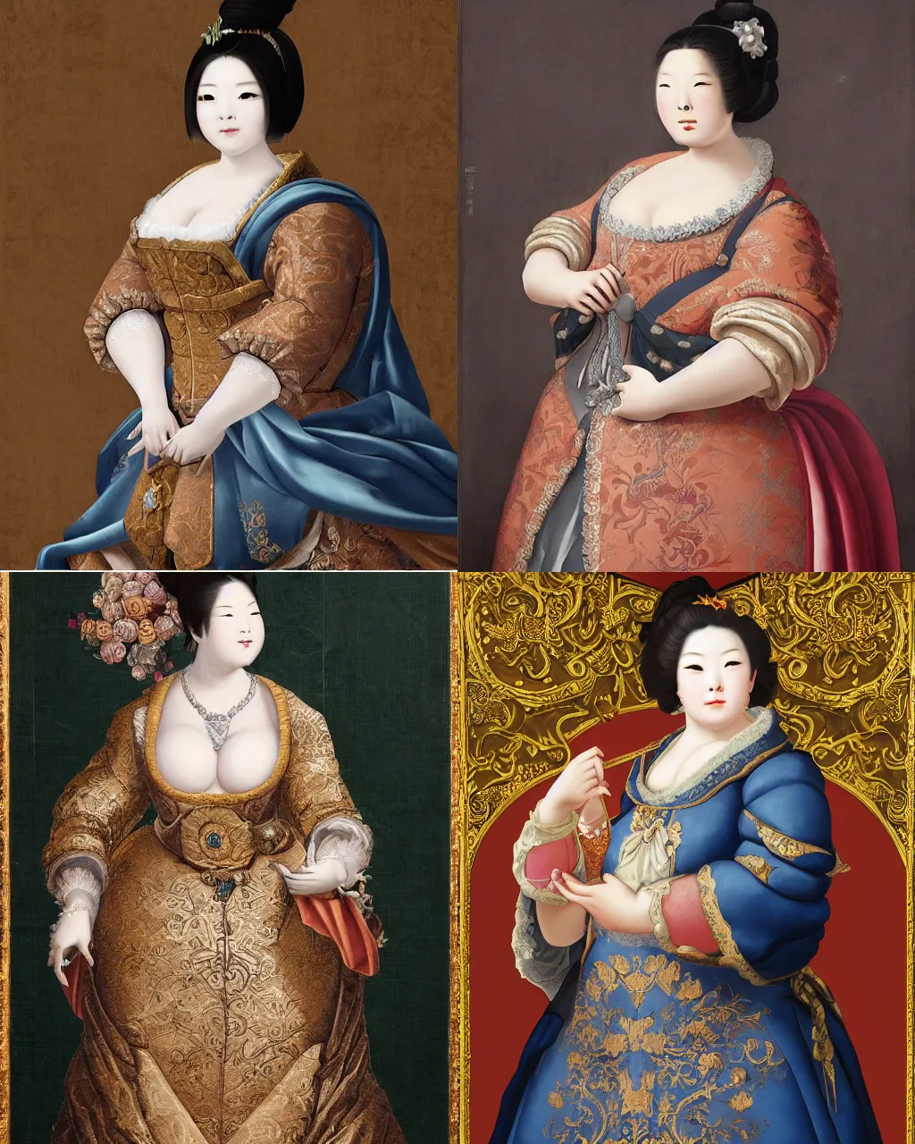 Prompt: Detailed Baroque painting of mei from overwatch as an elegant noblewoman, brocade dress, style of giotto and johfra bosschart, intricate, soft lighting, chubby physique |