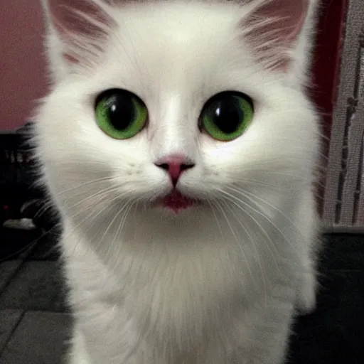 Image similar to cute white fluffy cat, large eyes, eats owner