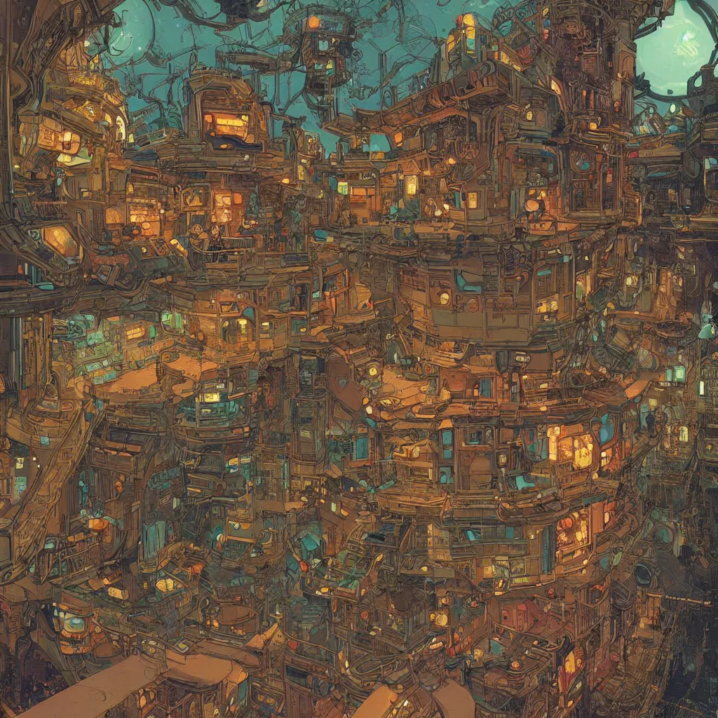 Image similar to Stunningly intricate illustration of a cyberpunk explorer playing video games in his treehouse, highly detailed, midnight, by Victo Ngai and James Gilleard , Moebius, Laurie Greasley