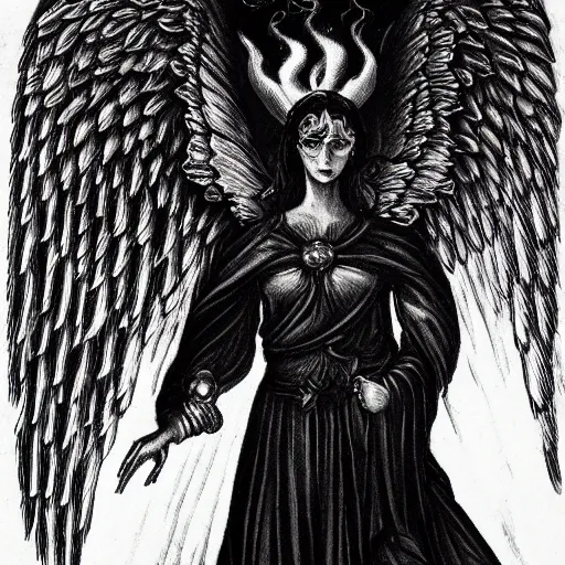 Prompt: angel with black burning wings, fire, apocalyptic