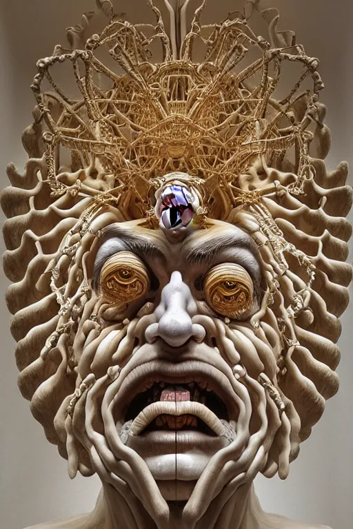 Image similar to Epic view of intricate stained Clown multiple faces looking backwards using a golden veil statue sculpted on white marble by Antonio Corradini, Wayne Barlowe and Artem Demura